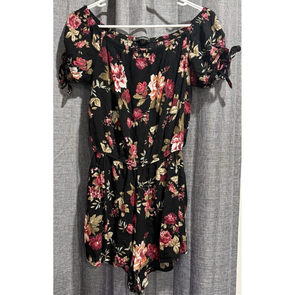 Ambiance Black Floral Off the Shoulder Romper Junior's Size Small